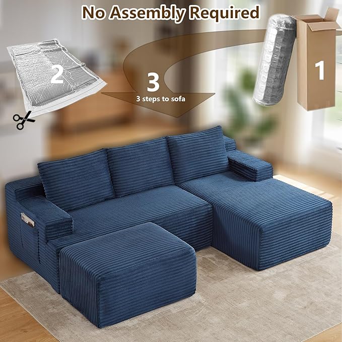 96" U-Shape Cloud Couch, Modern Modular Sectional L-Shape Sofa with Ottoman, Corduroy Upholstered Couches Deep Seat Sleeper Chaise Longue for Living Room, No Assembly Required(Blue, Right Facing)