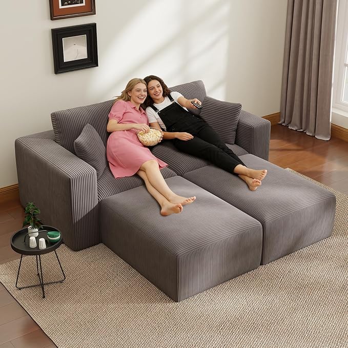 79" Modular Sectional Sofa, Boneless Couch Loveseat Memory Foam Cloud Couch with Ottoman, Cozy 2 Seater Corduroy Floor Couch, No Assembly Required Living Room Furniture for Apartment Bedroom, Grey