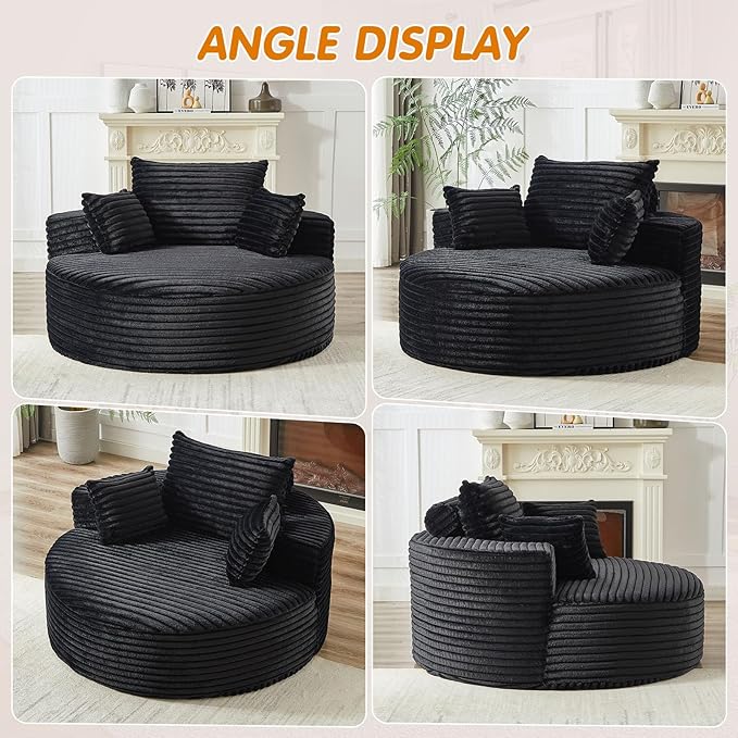 55"W Oversized Round Chair Lounge Chaise Indoor, Upholstered Comfy Circle Sofa Armchair, Modern Cozy Boneless Foam Floor Reading Chair for Living Room, Bedroom, No Assembly Required(Corduroy, Black)