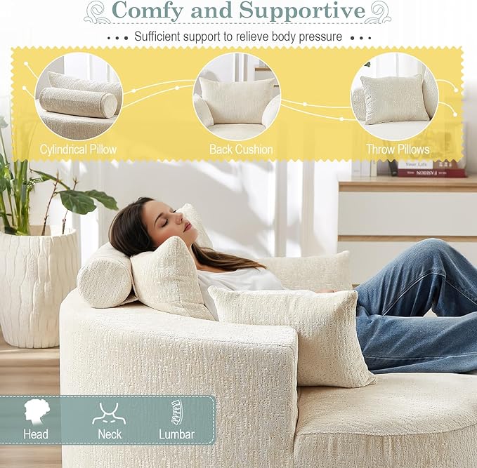 Oversized Round Chaise Longue Chair Indoor, Modern 55-inch Upholstered Chenille Deep Seat Circle Single Cloud Lounge Floor Sofa Chair for Living Room, Bedroom Apartment, Beige