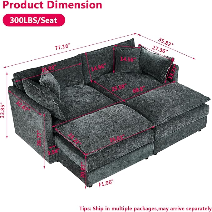 Aoowow Modular Sectional Sofa Modern Convertible Loveseat Couch,77.16 Inch Deep 2-Seater Sofas Comfy Chenille Cloud Sofas and Couches Set with 2 Movable Ottoman for Living Room Apartment（Grey）