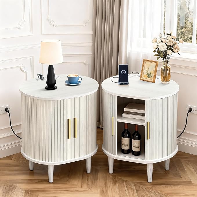 DHH Mid Century Modern Nightstand Set of 2 with Charging Station, Fluted Accent Side Table with Sliding Door & Adjustable Shelf, End Table for Small Space, Living Room, Bedroom,Sofa Couch, White