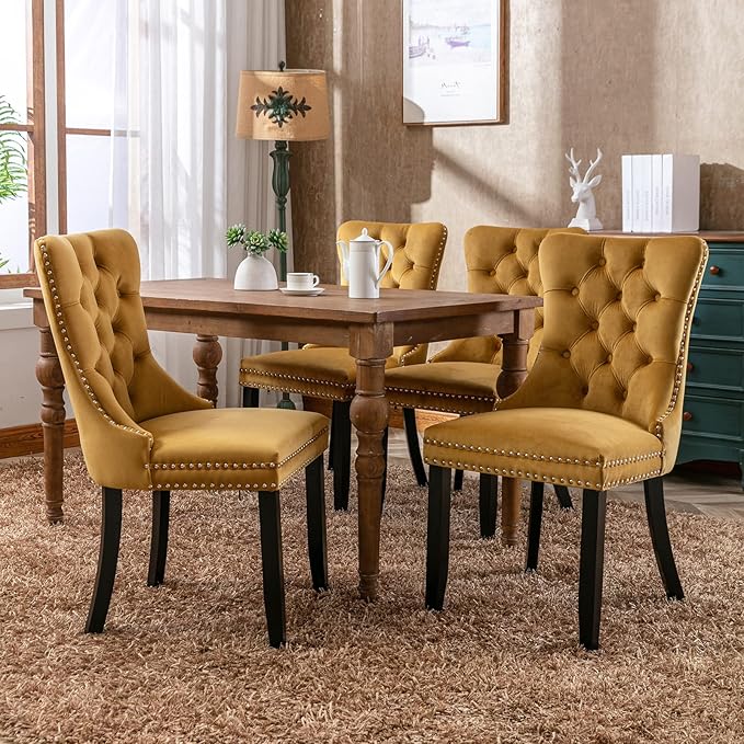 YeahFurn Yellow Mid Century Modern Dining Chairs Set of 2, Velvet Upholstered Kitchen & Dining Room Chairs with Nailhead Trim & Solid Wood Legs, Elegant Sillas De Comedor (Yellow, 2 Pcs)