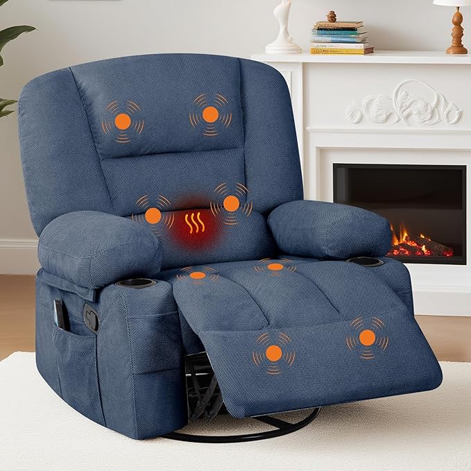 Rocker Recliner Chairs for Adults w/Vibration Massage and Heating,360° Swivel Rocker Glider Recliner,Extra Wide Manual Lazy Chair,Chenille Fabric Sofa Chair for Living Room,Bedroom,Blue