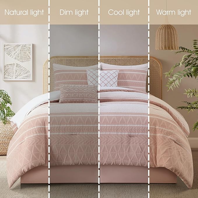 Grand Avenue Cotton California King Size Comforter Set, 6 Piece, Blush Geometric Jacquard Bedding Set, Bedskirt, Pillows & Shams, Home Decor