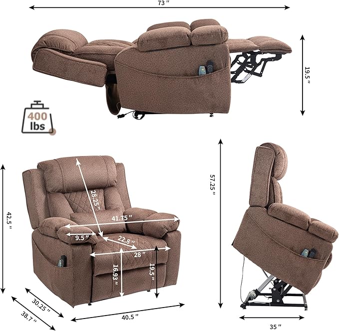 Oversized Lift Assist Recliner Chair with Massage Heating, Extra Wide Lay Flat Recliner Chairs with Lumbar Pillow, Flip Arm Storage Cup Holders and USB Type C Charging for Elderly Sleeping