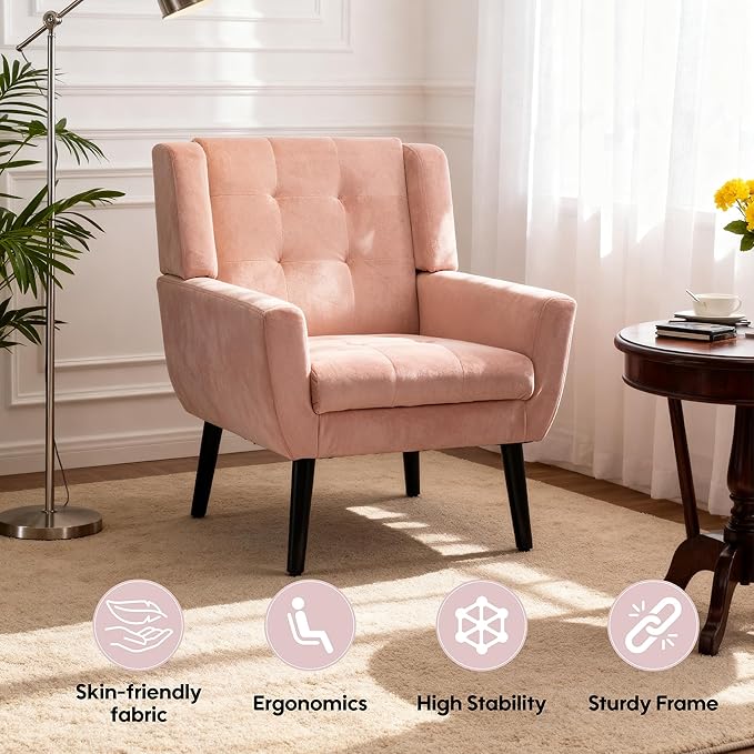 OO BY ORANGE ONLINE Velvet Accent Chair, Mid-Century Modern Tufted Armchair for Living Room, Bedroom & Office (Pink)