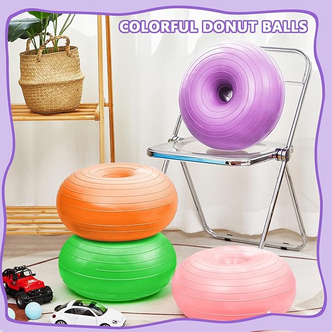 Lewtemi 4 Pcs Flexible Seating for Classroom Elementary 20 Inch Yoga Ball Chair Inflatable Donut Ball Chair with Inflator for Kids Student Sensory Balance Office Exercise