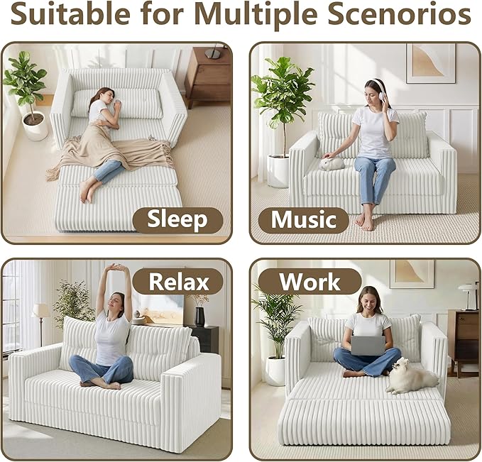 HABUTWAY Folding Sofa Bed, 2 in 1 Convertible Sleeper Chair with Pillow, Portable Fold Out Chair Bed with Armrest, Comfy Floor Couch, Lazy Sofa for Living Room Bedroom Dorm Home Office, Beige