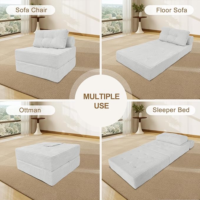 ANONER 33" Memory Foam Folding Sofa Bed, Sectional Couches with Deep Seat and Pillow, Futon Floor Couch, Versatile Convertible Sleeper Chair, Boneless Chaise Lounge, Fold Out Chair Bed, Beige