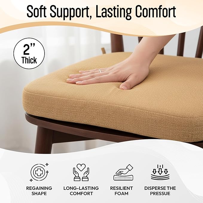 D-Shaped Indoor Chair Cushions 17" x 16" for Kitchen & Dining Chairs – 2'' Thick Seat Pads with Ties & Non-Slip Backing, High-Density Foam, Machine-Washable Covers, Set of 4 with Chair Leg Pads, Khaki