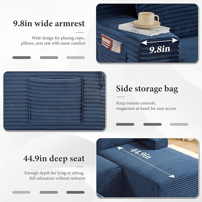 96" Sectional Couches for Living Room Cloud Couch Sofa with L-Shape Upholstered Boneless Couchs Modern Modular Sectional Couch with Chaise (Bule, 96" W+Left Facing Chaise+2Seaters+Ottoman)