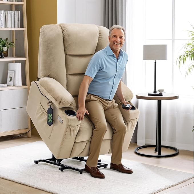 MCombo Power Lift Recliner Chair with Massage and Heat for Elderly People, Cup Holders, USB Ports, Side Pockets, Fabric 7529 (Medium, Beige)