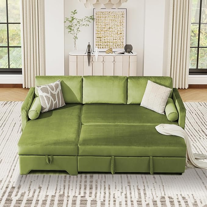Tbfit 90.6'' 3 in 1 Sleeper Sofa Couch with Storage Chaise, Velvet Sofa Bed with Pull Out Bed, Convertible Sleeper Sofas for Living Room, Small Spaces, Green