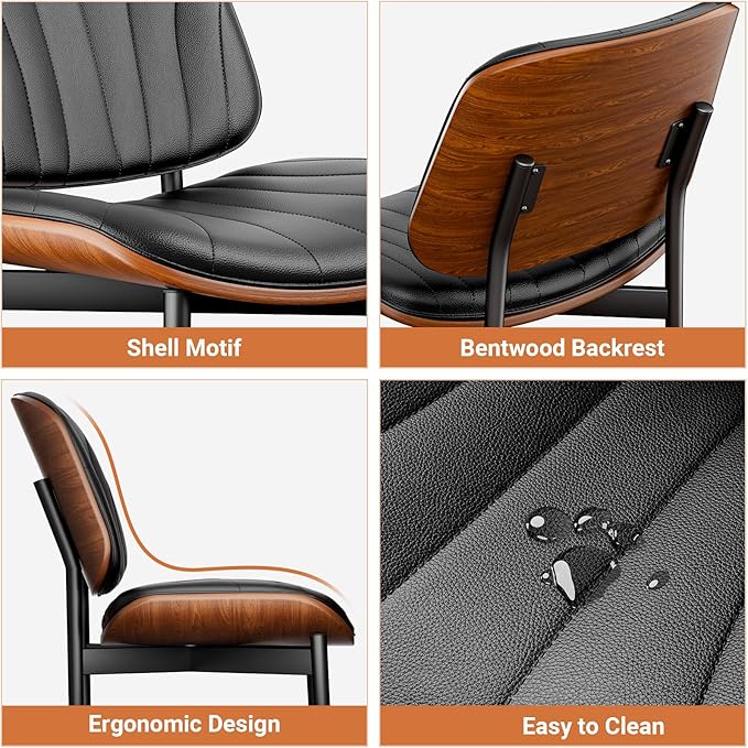 YaFiti Dining Chairs Set of 4, Dining Room and Kitchen Chairs, FSC Certified Mid Century Modern Accent Chair, Upholstered PU Leather Chairs for Vanity with Walnut Bentwood and Metal Legs, Black