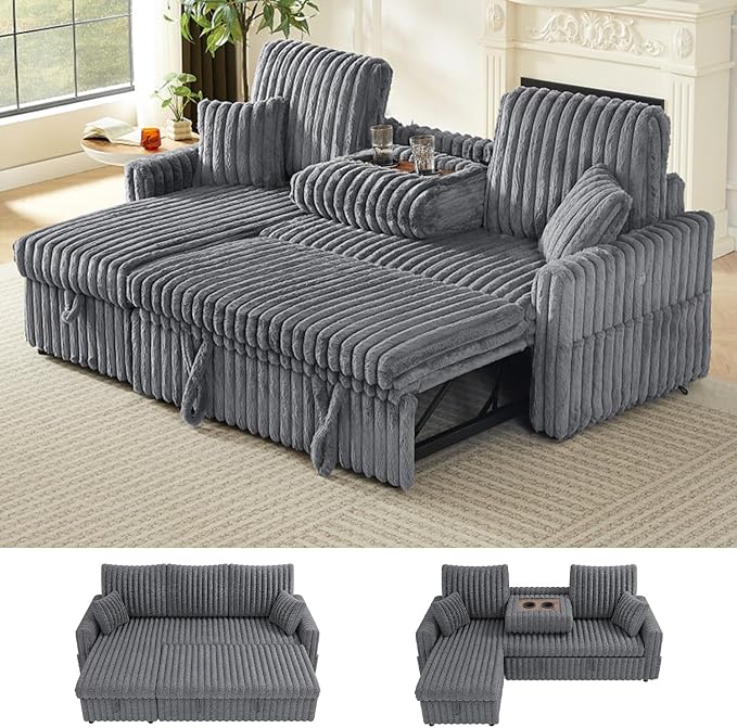 Sleeper Sofa Bed, 81” Pull Out Couch Bed with Reversible Storage Chaise, 3 in 1 L-Shaped Couch with Charging Station, Cup Holder, Side Pocket, Plush Corduroy Couches for Living Room(Light Grey)