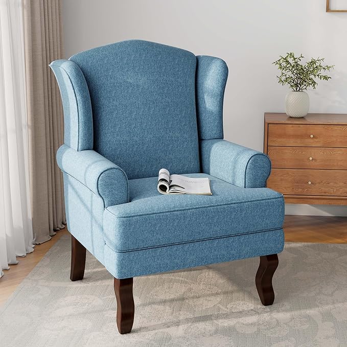 DREAMSIDEA Accent Chair, High Back Upholstered Armchair with High Resilience Sponge & Wood Legs, Mid-Century Modern Comfy Single Sofa Reading Chairs for Living Room, Bedroom (Blue, Set of 2)