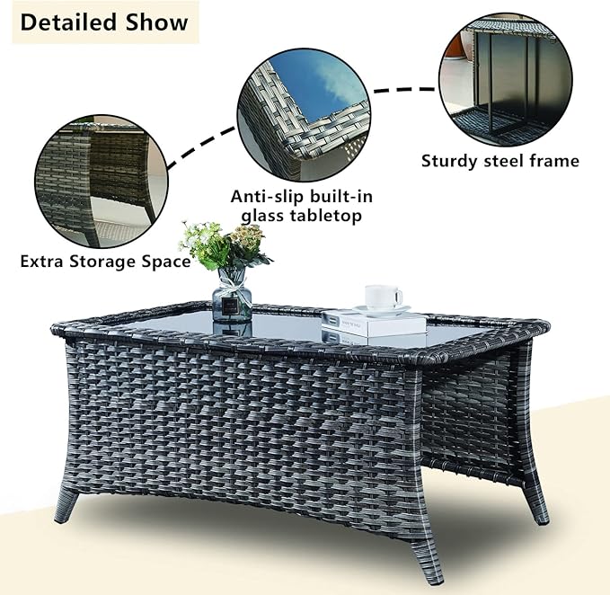 Rilyson Wicker Patio Furniture Sofa Set - 7 Piece Rattan Outdoor Patio Sectional Conversation Sets with 2 Sofa,2 Armrest Chairs,1 Coffee Table and 2 Ottomans for Porch Deck Garden(Mixed Grey/Grey)