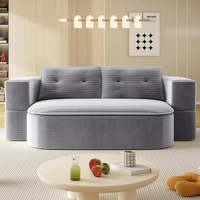 78.7" Convertible Sleeper Sofa Bed, Floor Couch Loveseat with Functional Blanket and 2 Soft Pillows,Corduroy Fabric Boneless Futon Couch for Living Room,Bedroom,Apartment (Light Grey)
