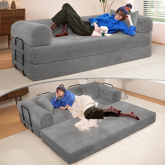 79" Convertible Sofa Bed, Boneless Corduroy Sleeper Foldable Modular Couch, Memory Foam Compressed Sofa in A Box, Folding Mattress Floor Couch for Small Space Living Room Apartment Bedroom, Light Gray
