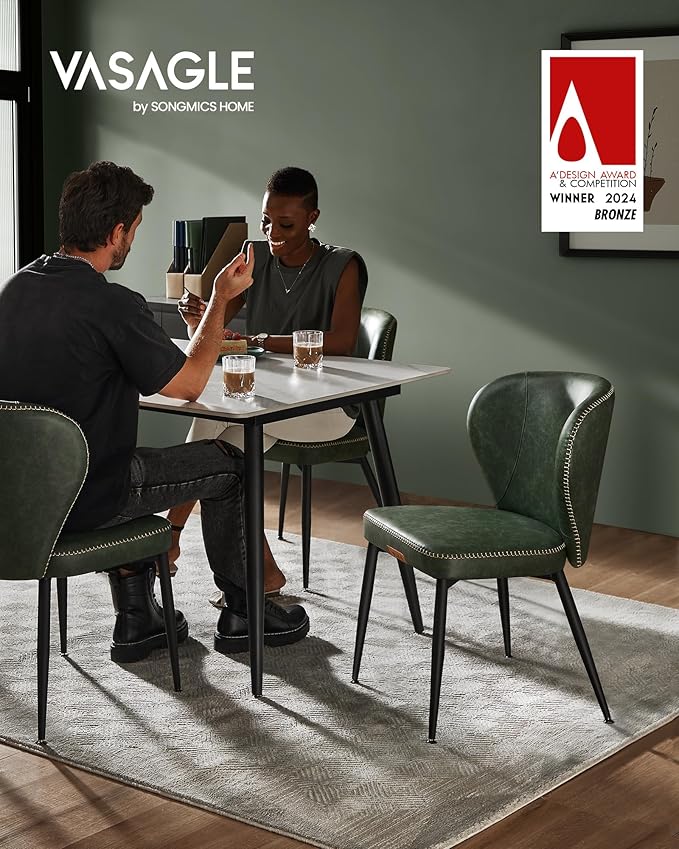 VASAGLE EKHO Collection - Dining Chairs Set of 6, Upholstered Kitchen Chairs, Comfortable Seat, Synthetic Leather with Stitching, Mid-Century Modern, Easy Assembly, Living Room Lounge, Forest Green