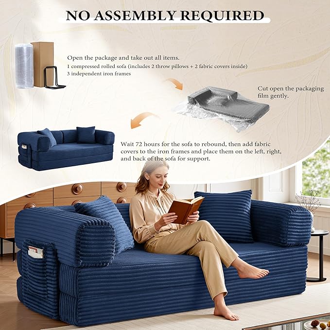 AUGOP Boneless Couch Folding Couches for Living Room Sofa, Futon Sofa Bed with Sleeper Sofa, Futon Couch with Fixed-Shape Oversized Corduroy Upholstered (Blue, 81 Inches)