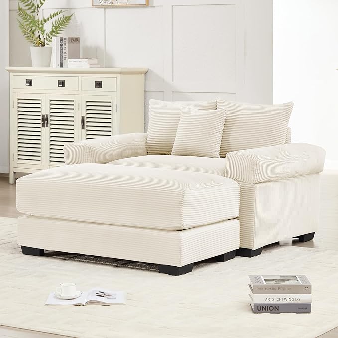 KEIKI 54" Oversized Corduroy Modular Sectional Single Sofa with 1 Ottoman, High-Density Foam Cushions, Extra-Thick Armrests, Modern 1-Seater Lounge Accent Chair with 3 Pillow, for Living Room, Beige