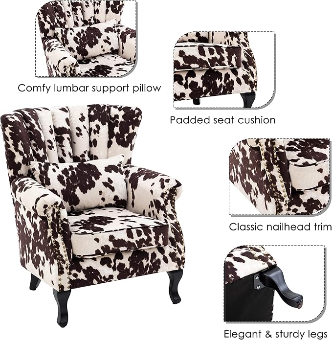 chairus Mid-Century Modern Accent Chair Comfy Single Sofa Chair Channel Back Armchair with Small Pillow for Living Roon Bedroom Club - Velvet, Cow