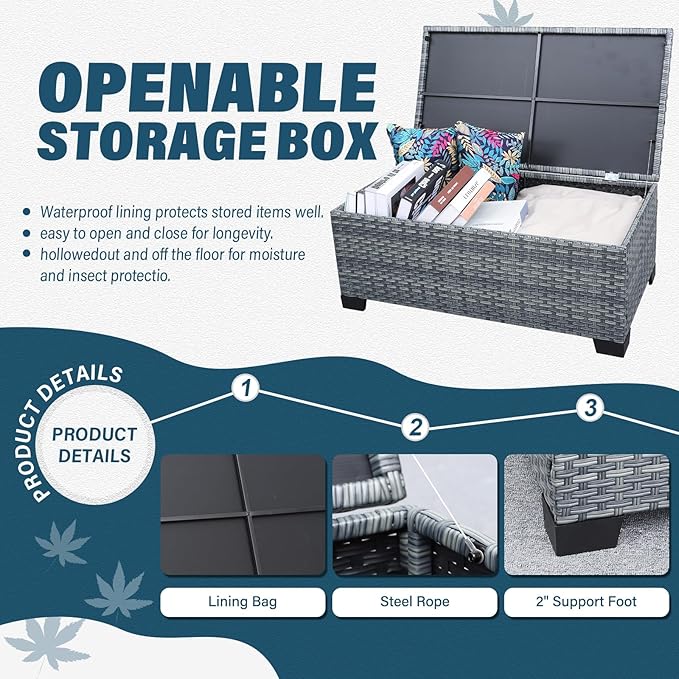 Lviden 6 Pieces Wicker Patio Furniture Sets Outdoor Conversation Set HDPE Rattan Sectional Sofa Couch with Storage Table and Peacock Blue Cushions