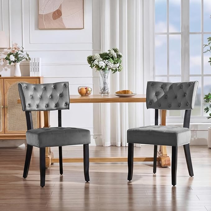 UVV Upholstered Dining Chairs Set of 6, Mid Century Modern Tufted Kitchen Chairs Dining Room Chairs, Velvet Dinner Chair with Wood Legs for Dining Room Kitchen, Dark Grey-Black Legs