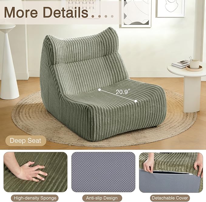 Big Bean Bag Chairs, Lazy Floor Sofa, Fireside Chair for Living Room, Bedroom, Office (Green, Single Seat)