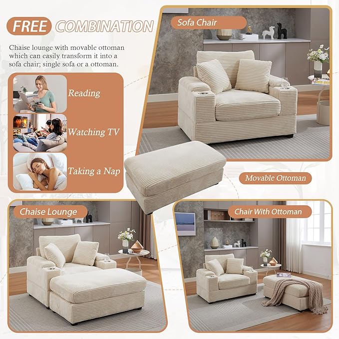 50" Oversized Chaise Lounge Chair Indoor with Ottoman and Storage, Deep Seat Upholstered Reading Chair, Comfy Corduroy Sleeper Chair with Cup Holder, Reclining Chair for Living Room, Bedroom, Beige