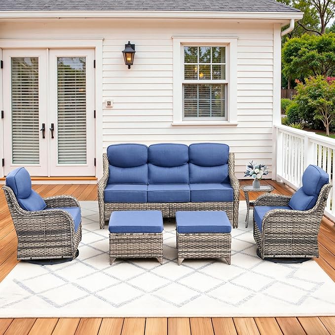 Pugire Luxury High Back Patio Furniture Set with 6-Inch Thick Cushions, 6-Pieces Outdoor Furniture with Swivel Chairs &Side Table, Wicker Conversation Set for Porch, Balcony, Deck and Yard, Grey/Blue