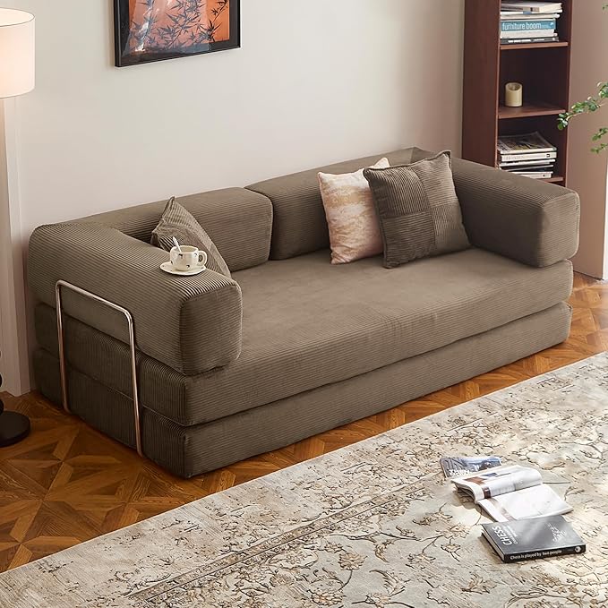 LIAROO 78.8" Convertible Sofa Bed -Compression Sofa with Corduroy Fabric - with Armrests and Backrest - Modular Sectional for Living Room, Bedroom, Studio - Compression Sofa in Box (Brown)