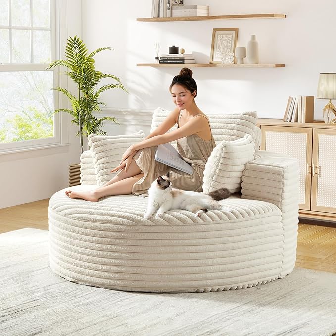 JEEOHEY Modern Round Accent Sofa Chair for Living Room, Upholstered Corduroy Barrel Lounge Arm Chair with Large seat&Throw Pillows for Bedroom, Office, Apartment, Beige