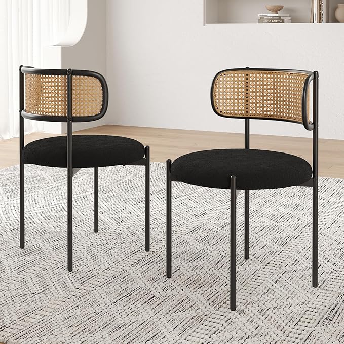 Farini Modern Upholstered Dining Chairs Set of 4,Rattan Back Dining Room Chairs,Accent Kitchen Chairs with Metal Legs,Black