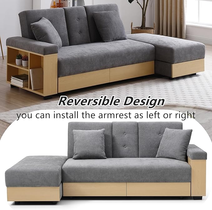 Roockky Convertible Sofa Bed, 85" Folding Sectional Sleeper Sofa with Storage Ottoman, Drawers, Built-in Bookshelves and 2 Cup Holders, Linen (Gray)