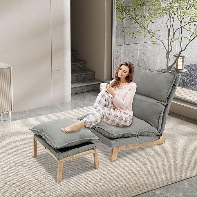 Single Lazy Leisure Chair, Adjustable Recliner Balcony Reclining Japanese Tatami Chair with Ottoman, Floor Seating Lounge Chair with Backrest and Footrest, Upholstered Chair for Living Bedroom (Grey)