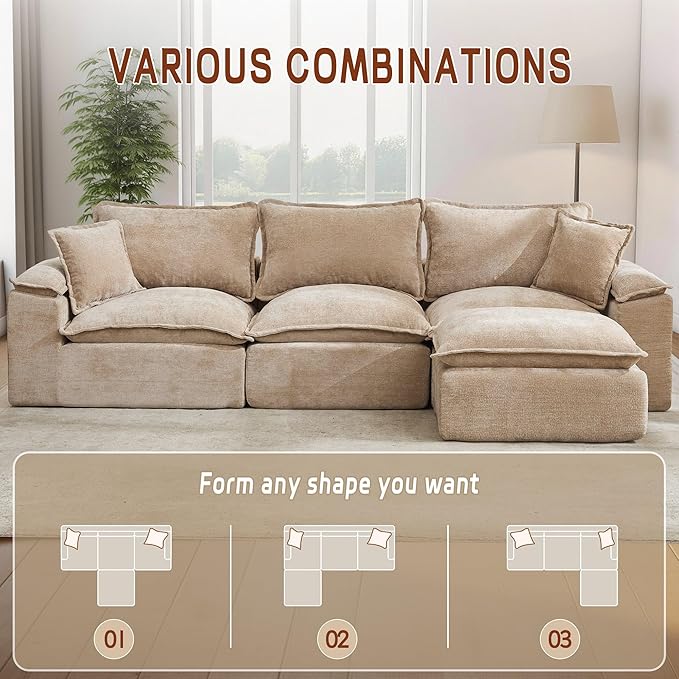 Korser 122" Sectional Couches for Living Room, Modular Boneless Sofa, Cloud Sofa, Fluffy Cushions, Double-Layer Cushioned, with Convertible Ottoman