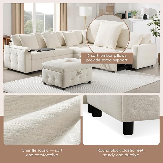 Furnimart Oversized Modular Sectional Pull-Out Sofa with Flip-up Table Panel, Reading Lamp, Charging Ports, Movable Storage Ottoman, Tufted Design, 6 Pillows, Free Combination, Chenille Beige