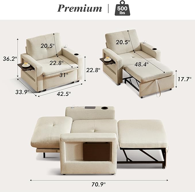 WEUP 42.5" Sleeper Chair Bed, 3-in-1 Oversized Convertible Sleeper Sofa Chair with Pull Out Bed, Reclining Adjustable Backrest/USB Ports/Table/Cup Holder, Tool-Free Assembly, Premium Beige