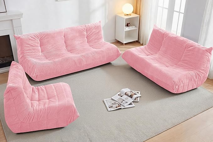 Bean Bag Chair,Giant Beanbag Chairs for Adults,Comfy Large Fireside Chair Lazy Sofa,Corduroy Bean Bag Lounger with Memory Foam Filled,Floor Sofa Couch for Home,Living Room (Pink, 3-Seater)