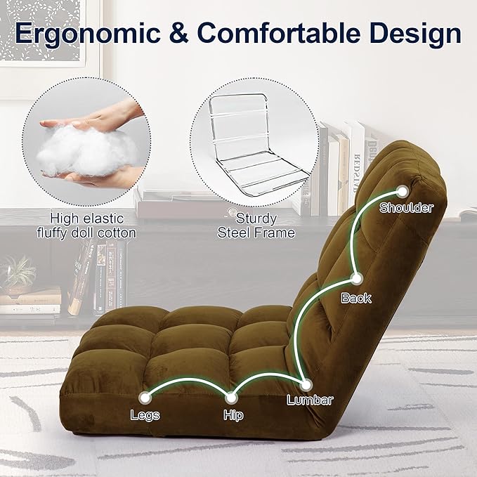 Floor Chair, 24 inches Wide Oversized Velvet Armless Lay Flat Floor seat Padded Meditation Chair with 6 Adjustable Position Ergonomic Comfortable Convenient(LRSF-014-TAN)