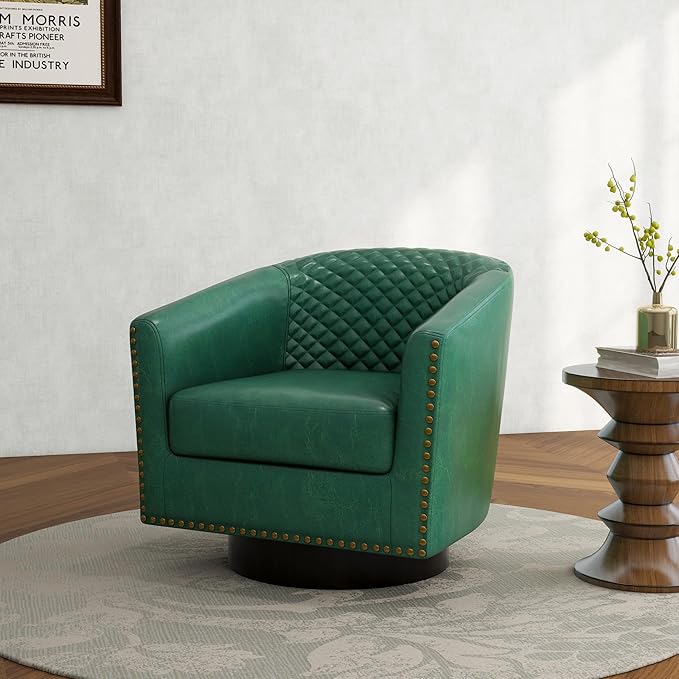 DREAMSIDEA Swivel Barrel Accent Chair, Comfy Modern Upholstered Round Faux Leather Arm Chair for Living Room, Bedroom（Green, Set of 4