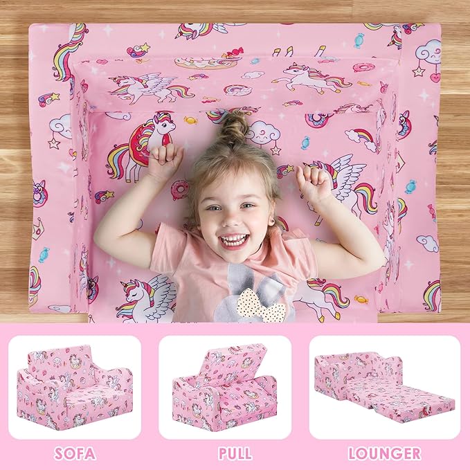 alldomess Comfy Kids Couch, 2-in-1 Folding Kids Sofa Bed for Toddler Girls, Convertible Sofa to Lounger Toddler Couch Chair for Baby Bedroom Playroom Nursery,Unicorns Candies