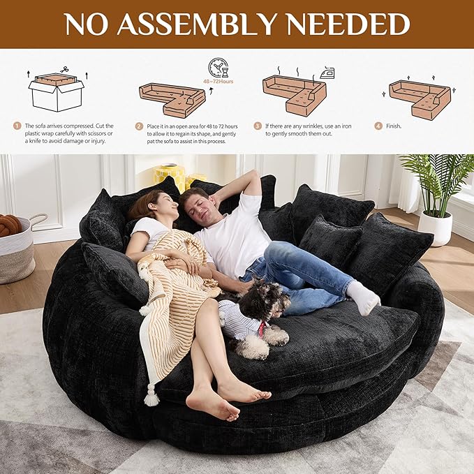 81" Oversized Bean Bag Chair Boneless Round Chaise Lounge Comfy Chenille Reading Chair Fluffy Plush Sofa Bed Large Deep Seat Circle Cloud Couch for Living Room, Bedroom, Apartment, Black