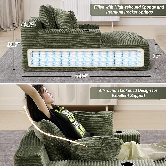 50"W x 68"D Oversized Chaise Lounge Chair Indoor Boneless Reading Chair Plush Corduroy Recliner with Cup Holders Large Deep Seat Comfy Sofa Bed Couch with 3 Pillows for Living Room Bedroom, Green