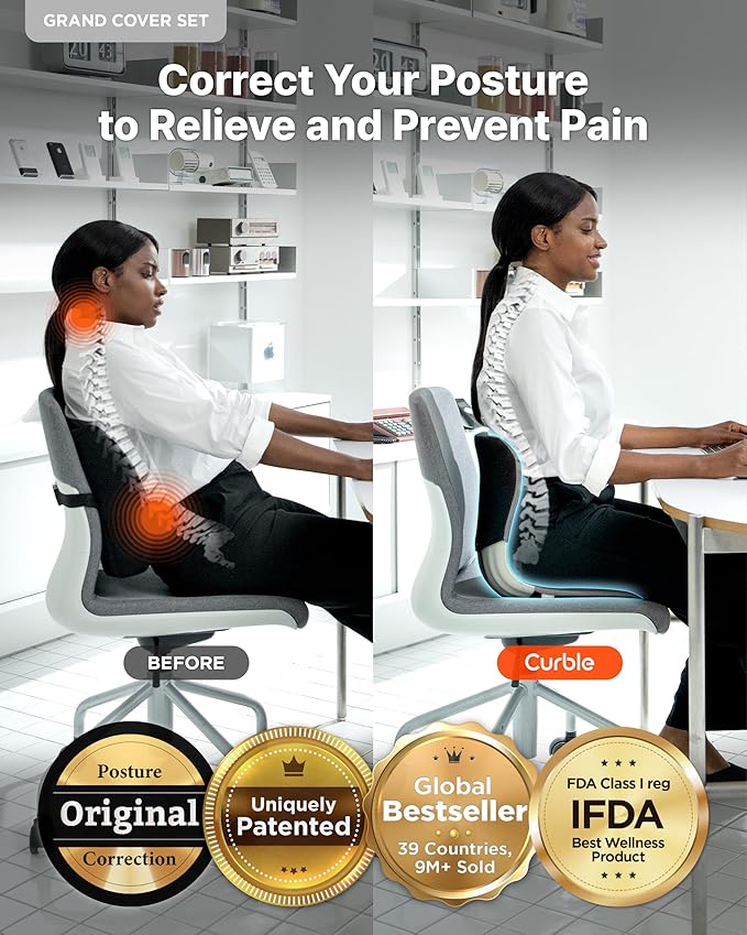 curble Grand(Extra Wide&Sturdy) Cover Set – Ergonomic Back Support Chair with Detachable Cover, Lumbar Support for Posture Correction & Lower Back Pain Relief, Perfect for Home & Office(Set Grey)