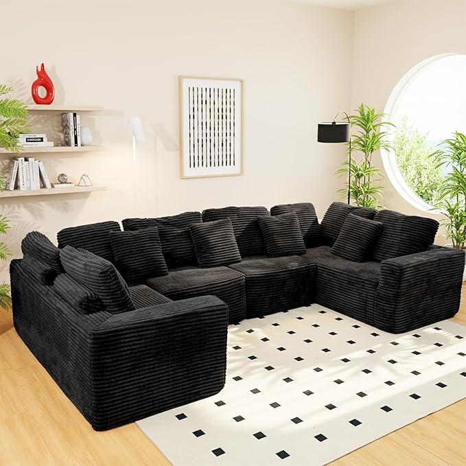 135.5" Cloud Sectional Couch,Boneless Corduroy Sofa for Living Room,Oversized U Shaped Sofa with Chaise,Deep Seat,No Assembly Required,Modular Sectional Couches（Black）