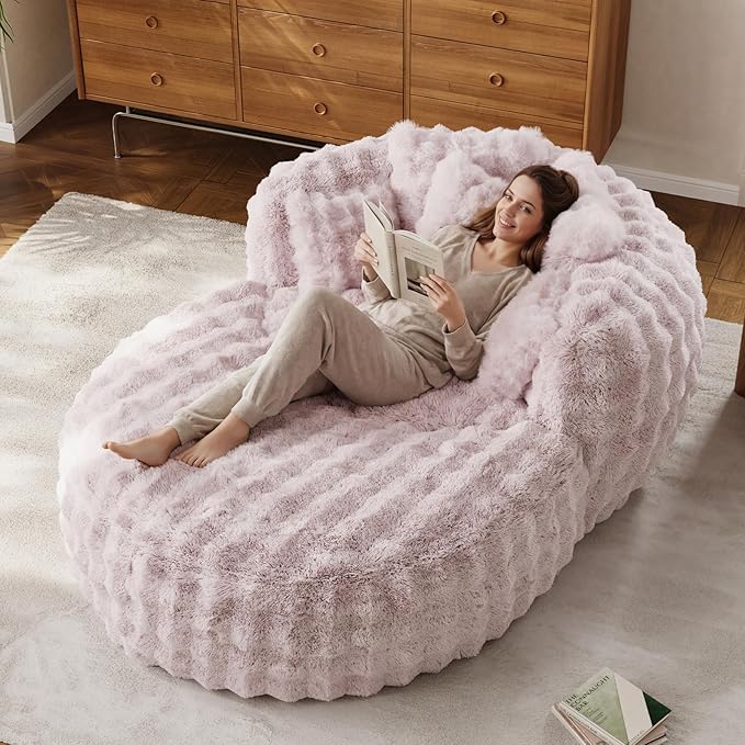 55" W Oversized Round Chaise Lounge Chair with Ottoman Indoor Boneless Faux Fur Plush Fluffy Circle Couch Soft Comfy Cozy Cloud Reading Chair with 5 Pillows for Living Room, Playroom, Bedroom - Pink
